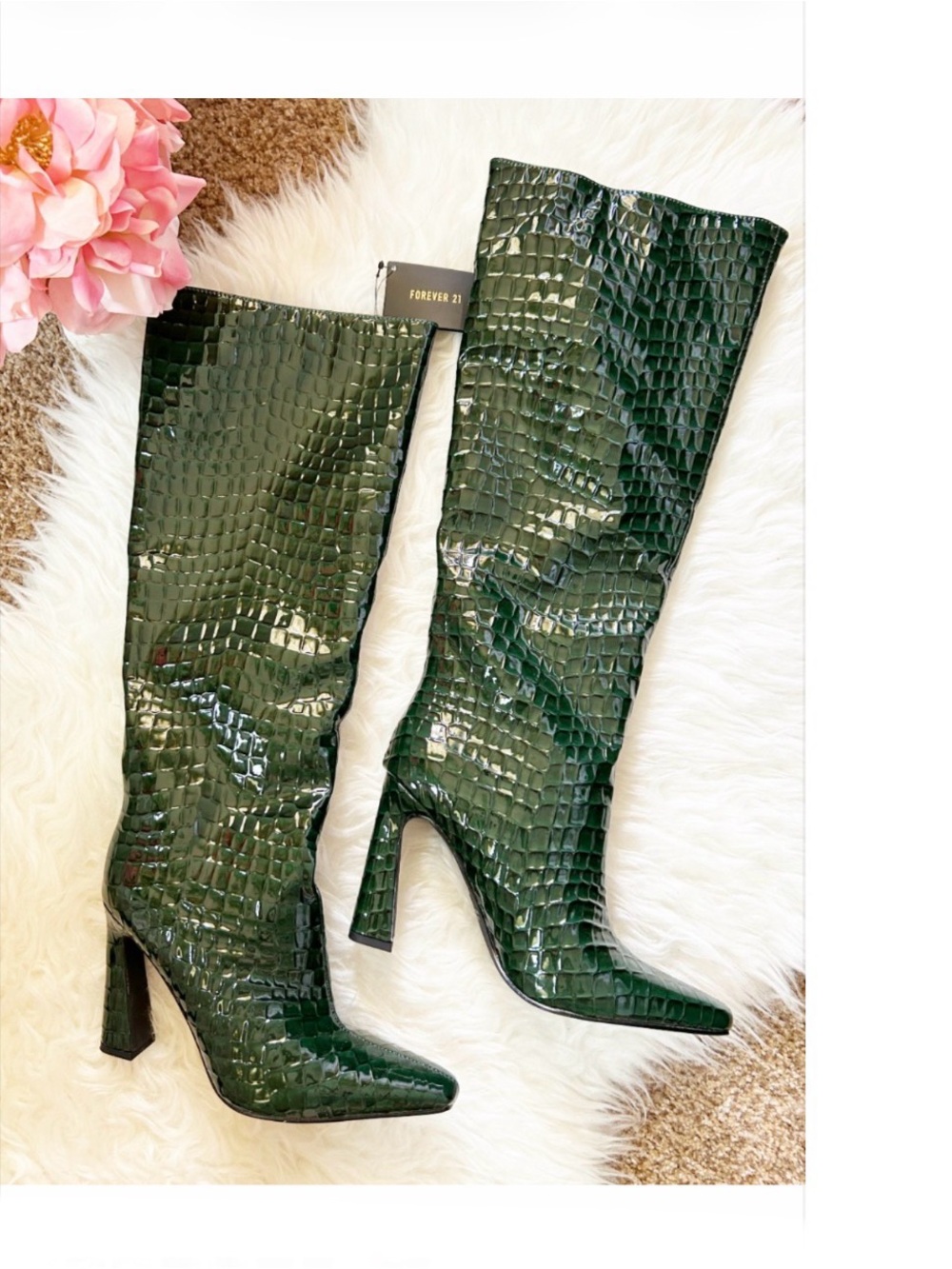 NWT • FOREVER 21 • Dark Forest Green Croc-Embossed Knee-High Heeled Boots